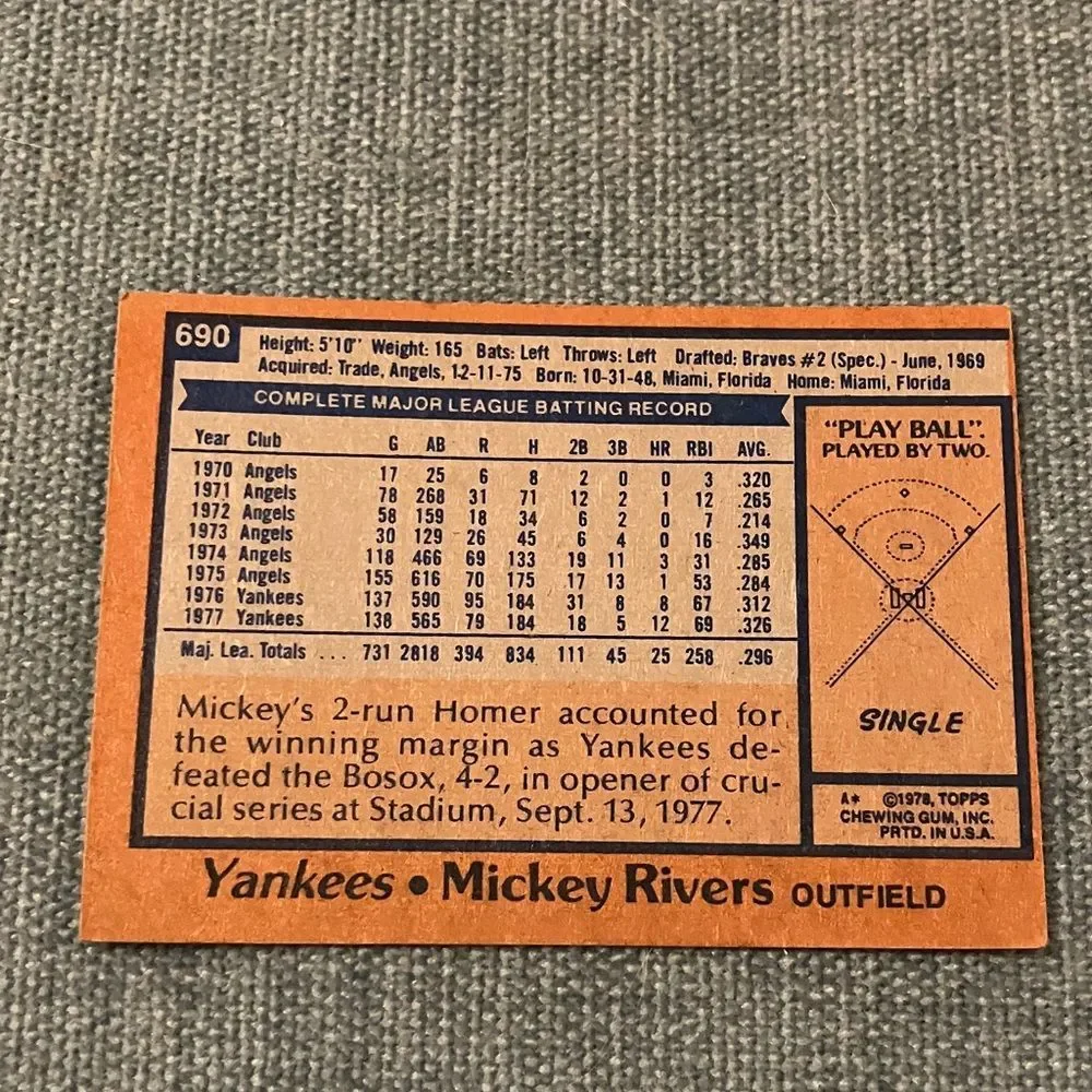 1978 Topps New York Yankees Baseball Card Trading Card